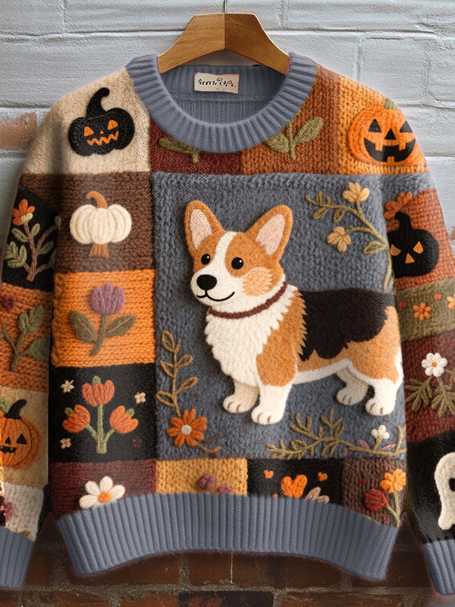 Relaxed-fit women's autumn sweater with an adorable corgi graphic print, shown in a warm seasonal colorway