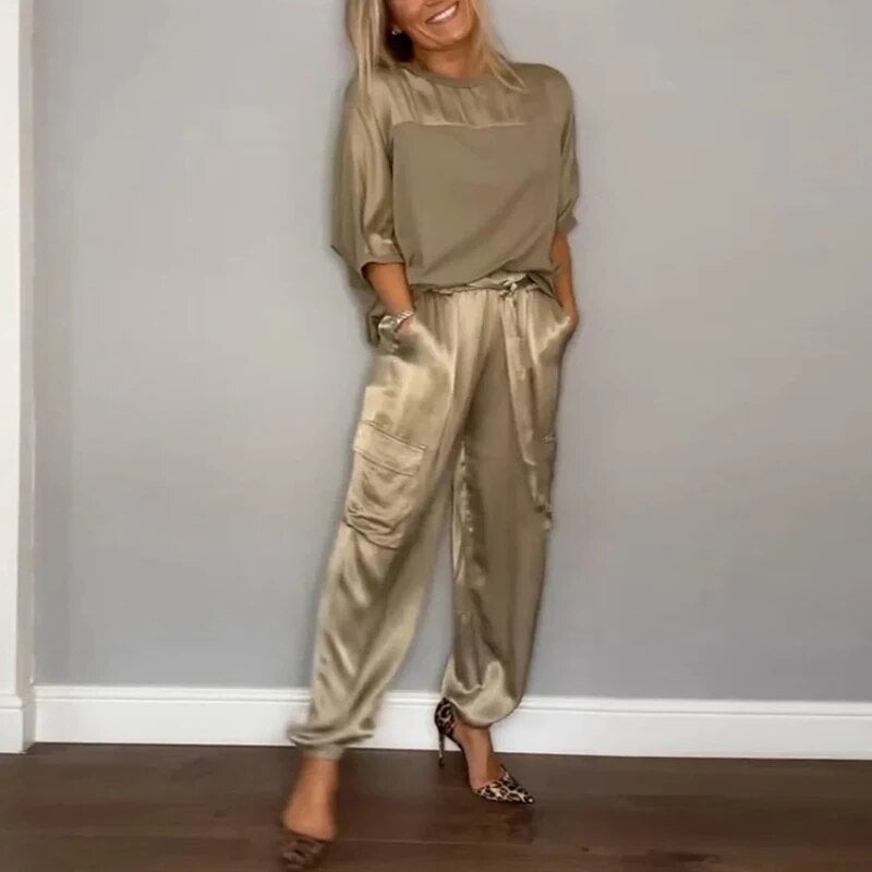 Model wearing the Luna relaxed clothing set in a neutral colorway, showing the relaxed fit silhouette from the front