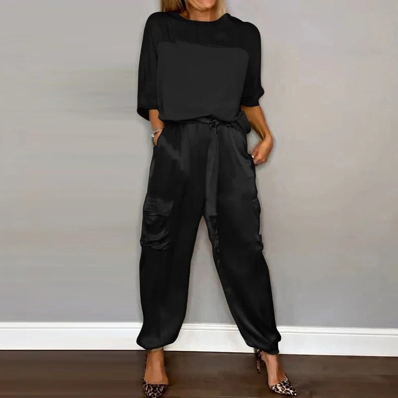 Full-length view of the Luna relaxed clothing set styled casually, highlighting the clean lines and easy fit