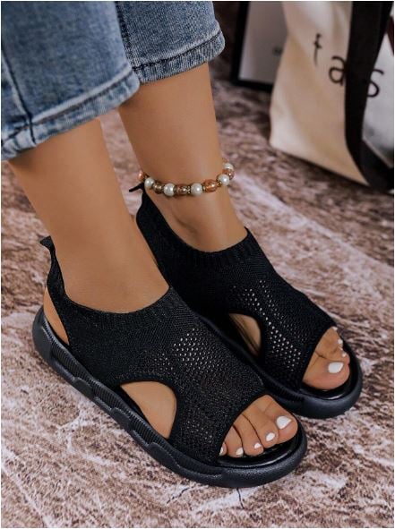 Luna knit platform sandals in beige shown from the side to highlight the cushioned platform sole
