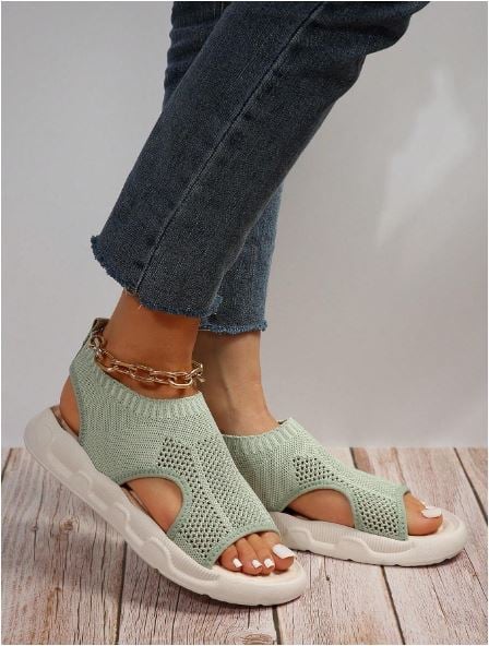 Flat lay of all four Luna knit platform sandal colorways — beige, black, print black, and print beige