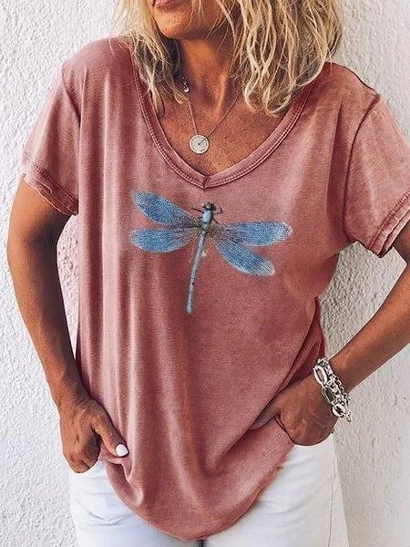 Luna dragonfly print V-neck tee in red with a detailed dragonfly graphic at the center chest