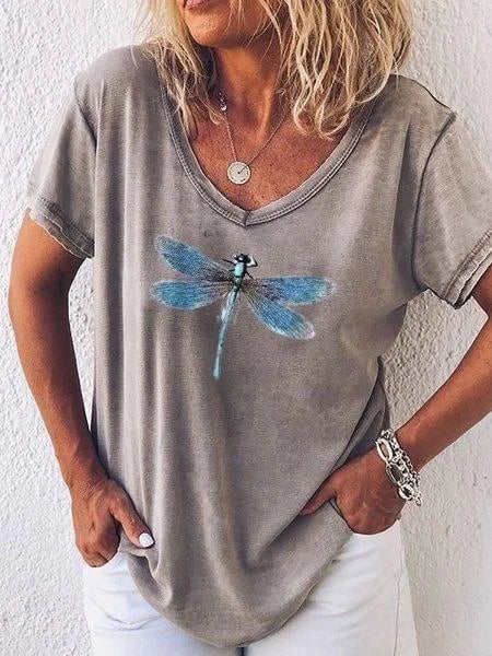 Side view of the Luna dragonfly print tee highlighting the relaxed fit and vintage-washed finish