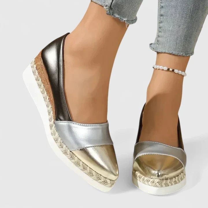 Luna metallic espadrille wedge loafers in dark gold with braided rope platform sole, front view