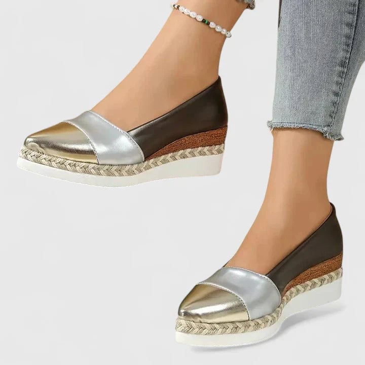Luna metallic loafers in cream colorway styled with linen trousers, lifestyle shot