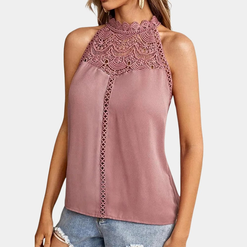 Front view of Luna sleeveless lace halter mock neck top in pink showing crochet-style lace yoke detail