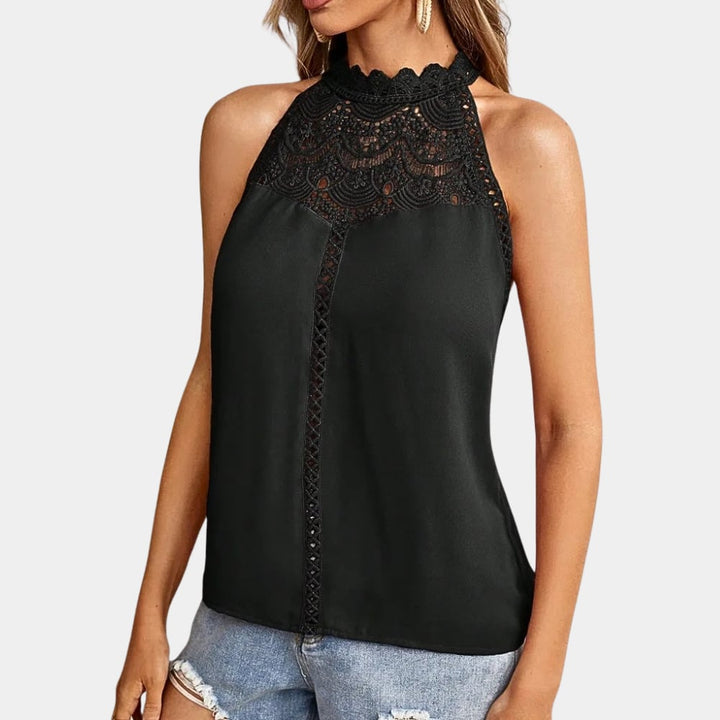 Back view of Luna lace halter top in pink highlighting the sleeveless silhouette and structured neckline