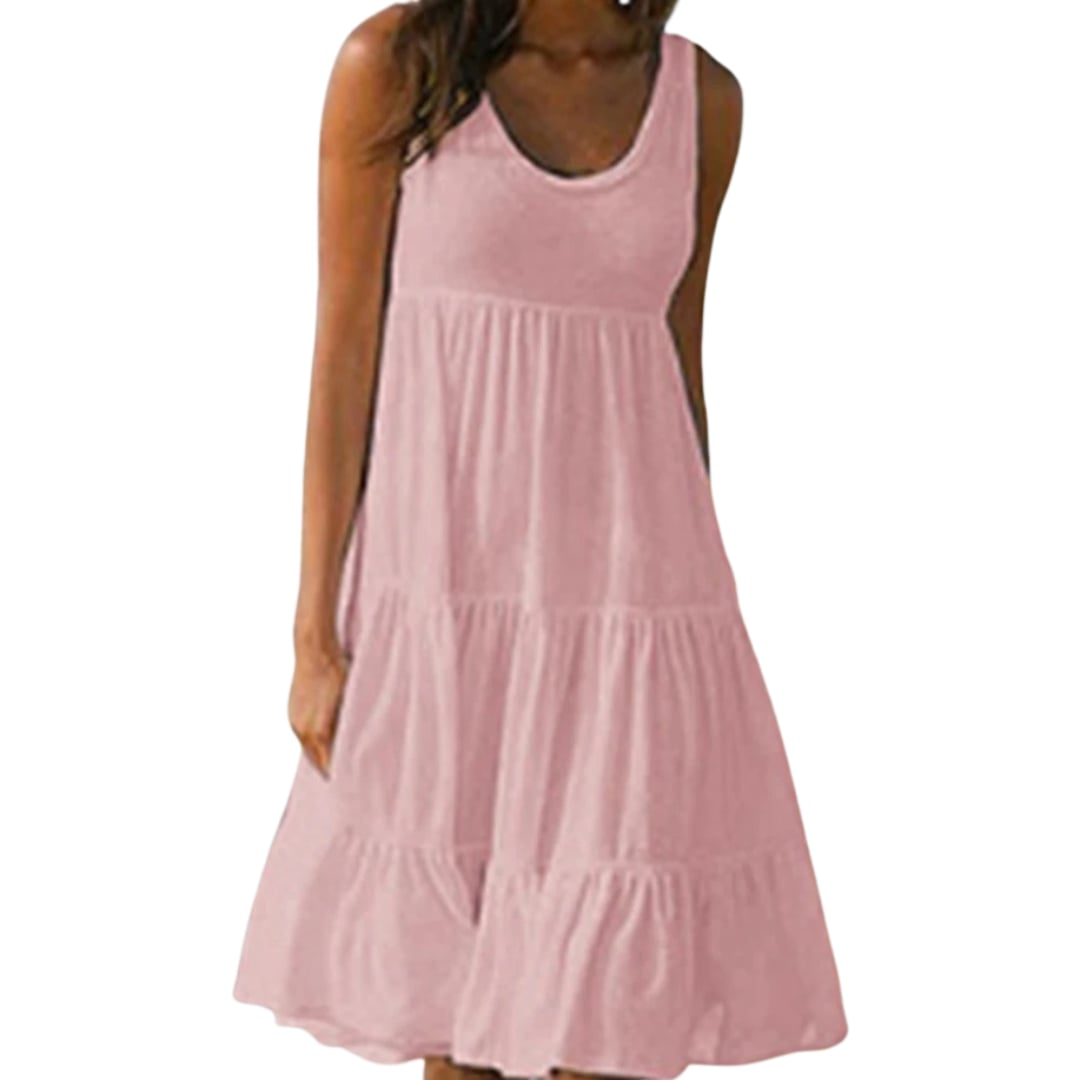 Back view of the sleeveless tiered midi dress in black showing the clean armhole design and midi length