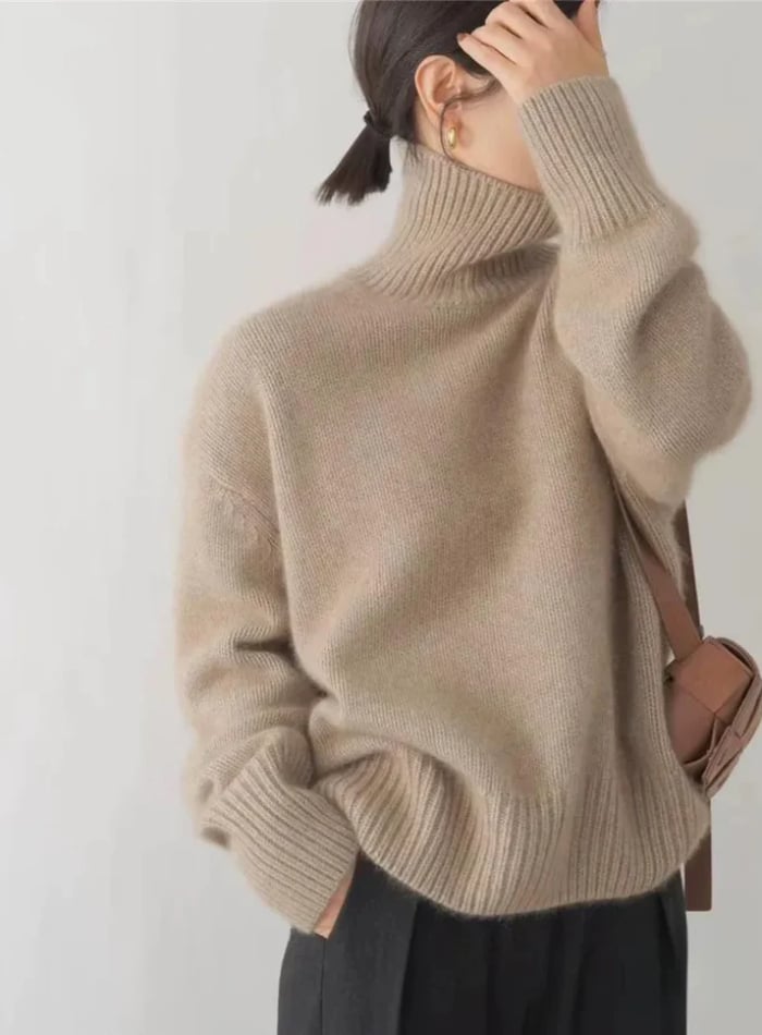 Three color options of the turtleneck sweater: off white, grey, and camel brown