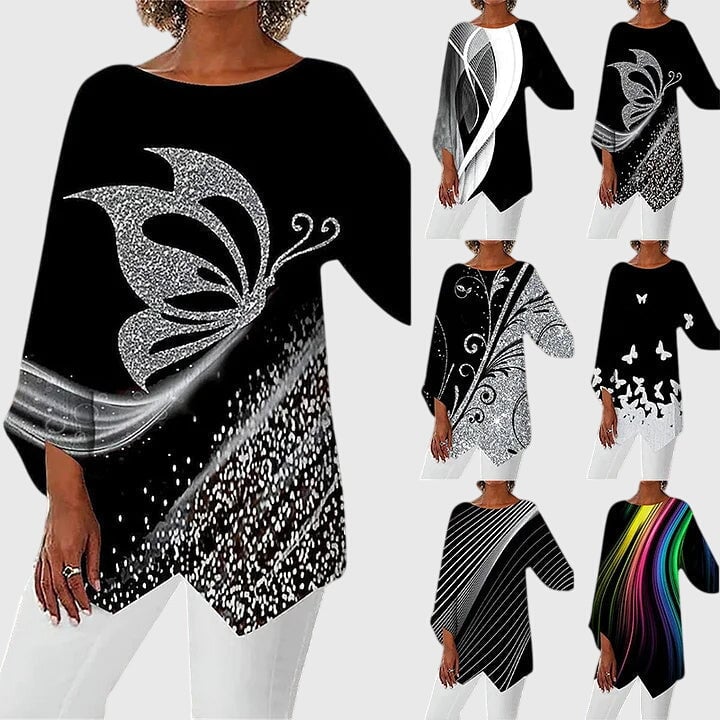 Flat lay of women's butterfly print asymmetric hem top showing color and print detail