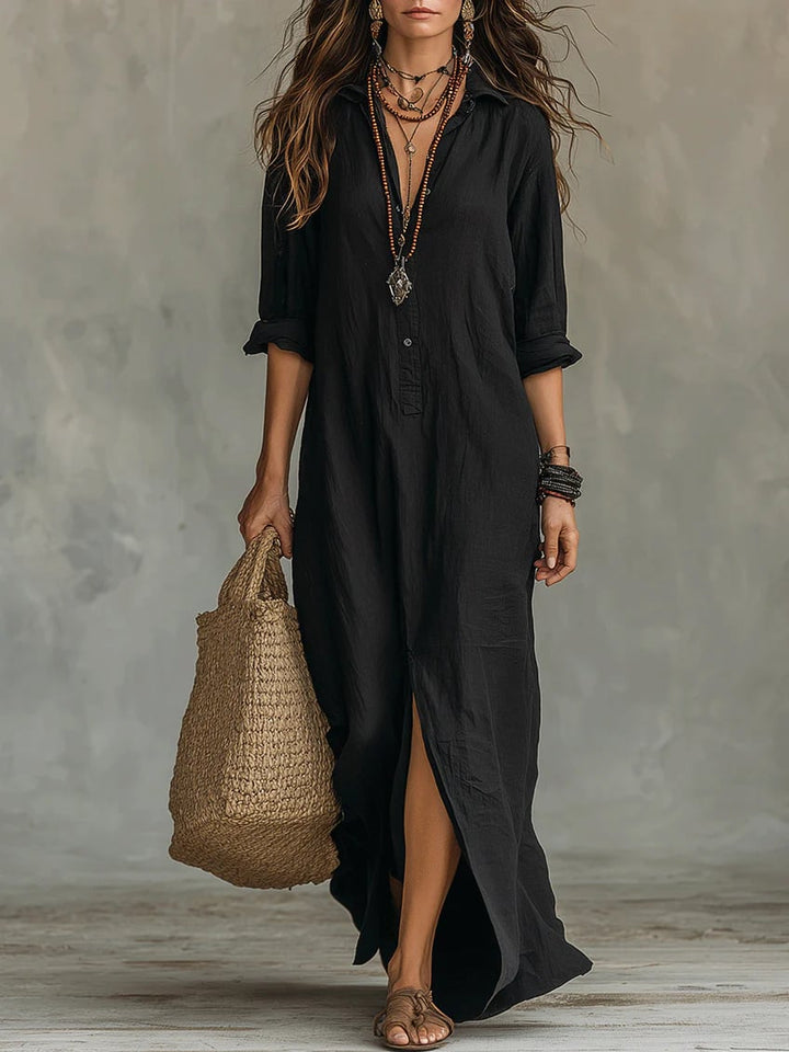 Woman wearing the Lydia black button front long sleeve maxi shirt dress in a relaxed fit