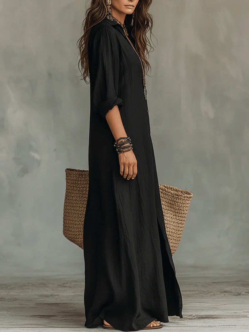 Front view of the Lydia maxi shirt dress showing classic button placket and long sleeves