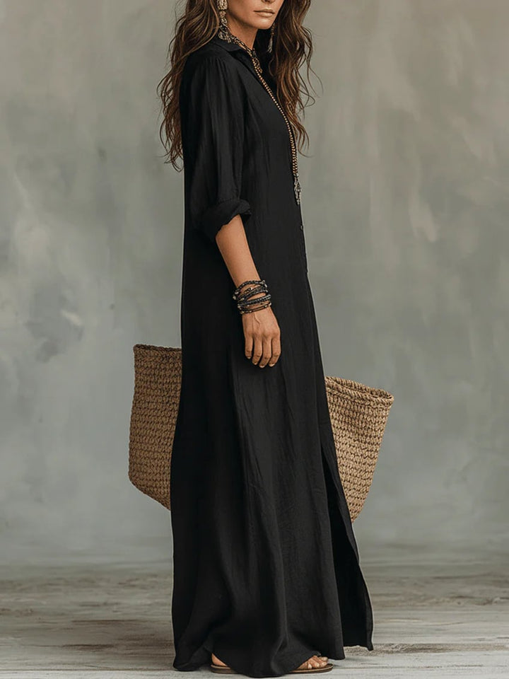 Front view of the Lydia maxi shirt dress showing classic button placket and long sleeves