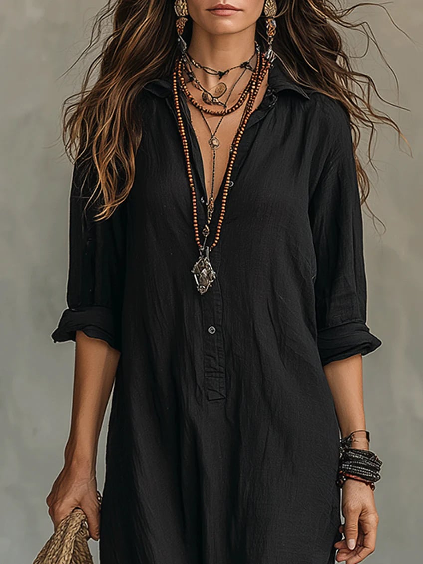 Close-up of the button front detail on the Lydia maxi shirt dress in black