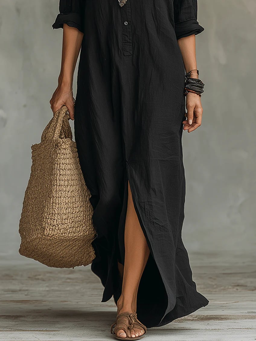 Woman styled in the Lydia white button front maxi dress with accessories