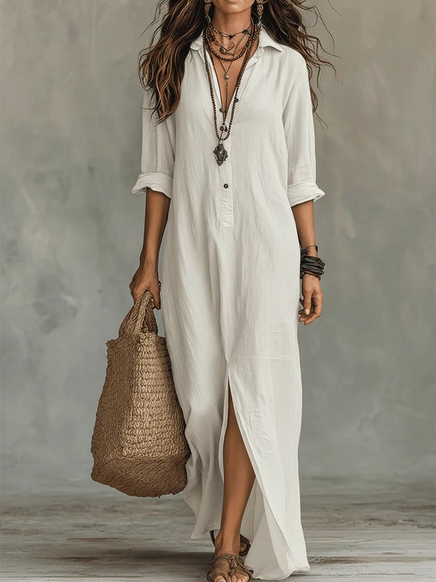 Lydia green long sleeve maxi shirt dress shown in a full-length relaxed fit pose
