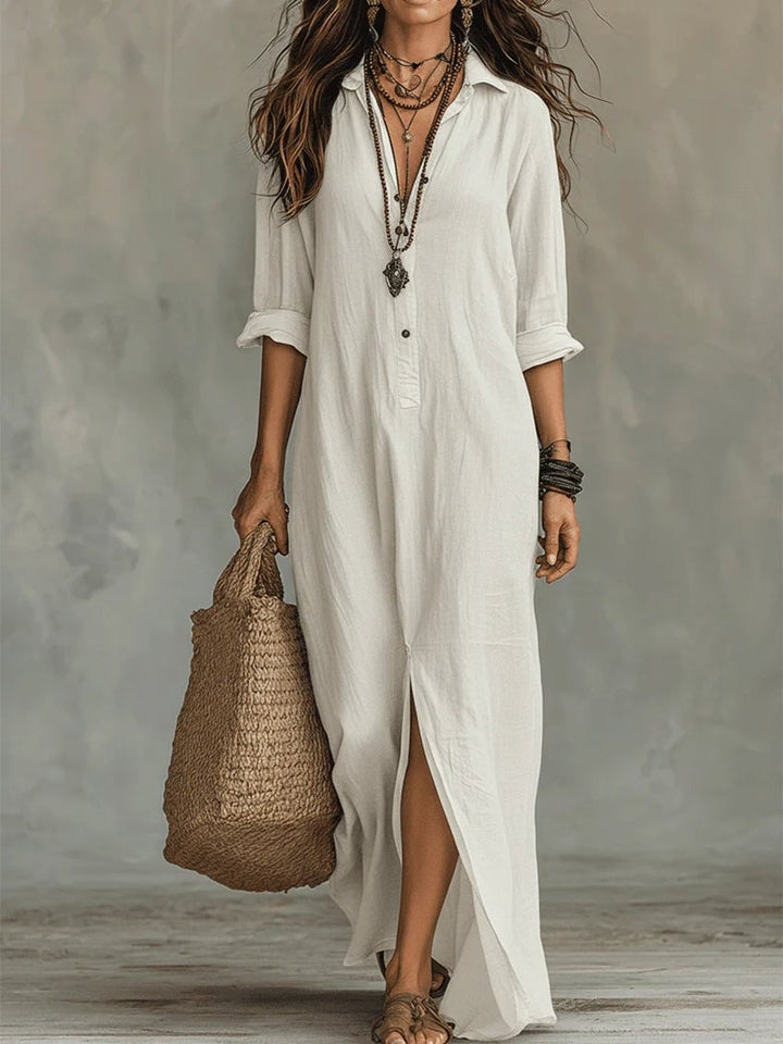 Lydia green long sleeve maxi shirt dress shown in a full-length relaxed fit pose