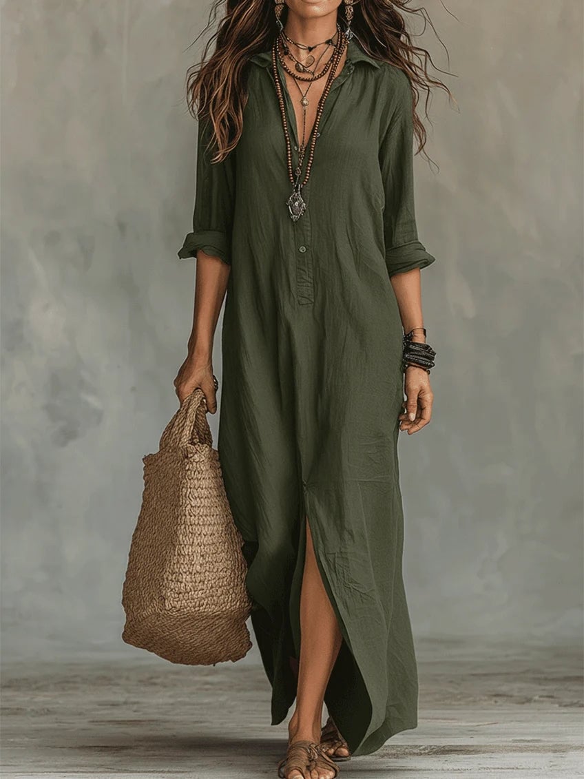 Back view of the Lydia button front maxi shirt dress showing relaxed drape and length