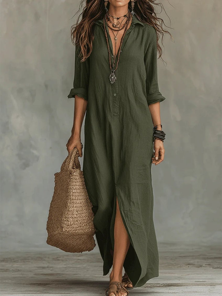 Back view of the Lydia button front maxi shirt dress showing relaxed drape and length