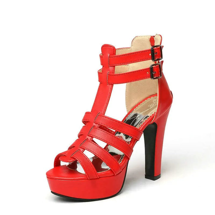 Lynette wide-fit leather platform flat sandals in red shown from the side profile