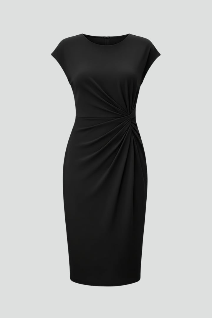 Lysandra round neck ruched waist dress in Black with cap sleeves and knee-length hem