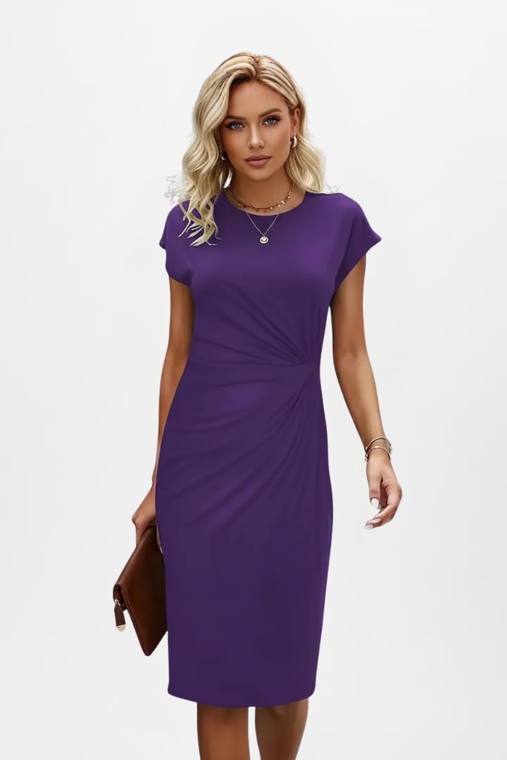 Lysandra ruched waist dress in Brown with flattering knee-length hem