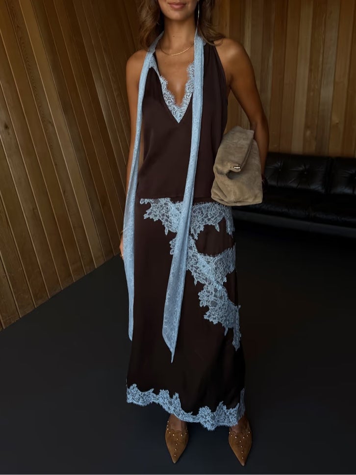 Model wearing the brown lace panel two-piece set styled for a special occasion
