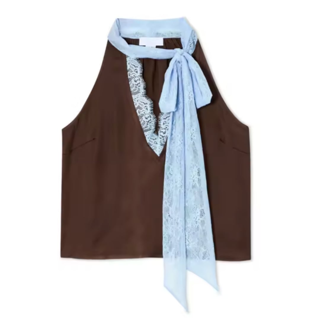 Full outfit view of the elegant brown lace panel top and skirt set styled for a wedding guest look