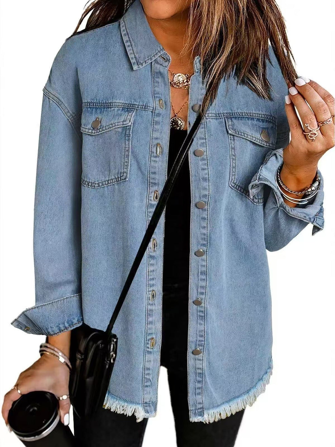 Front view of the Madeline denim jacket showing button placket and deep front pockets