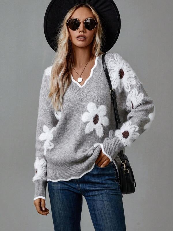 Side view of the Madeline floral sweater showing ease of movement and relaxed silhouette