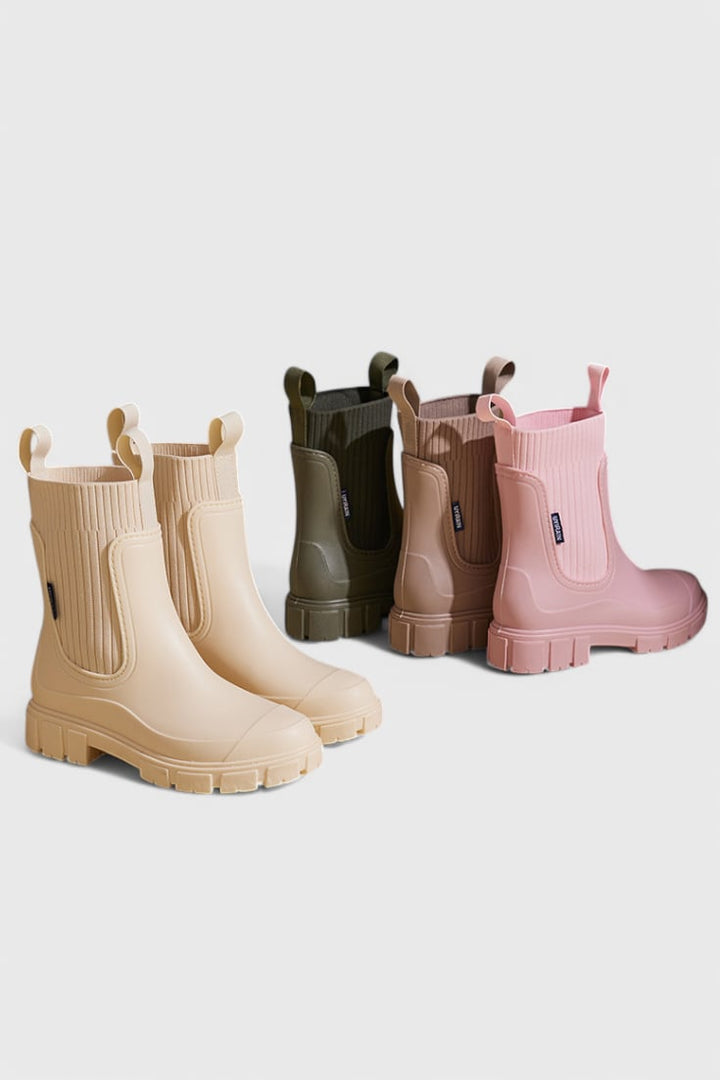 Maelie waterproof Chelsea boots flat lay with neutral-toned fall outfit pieces
