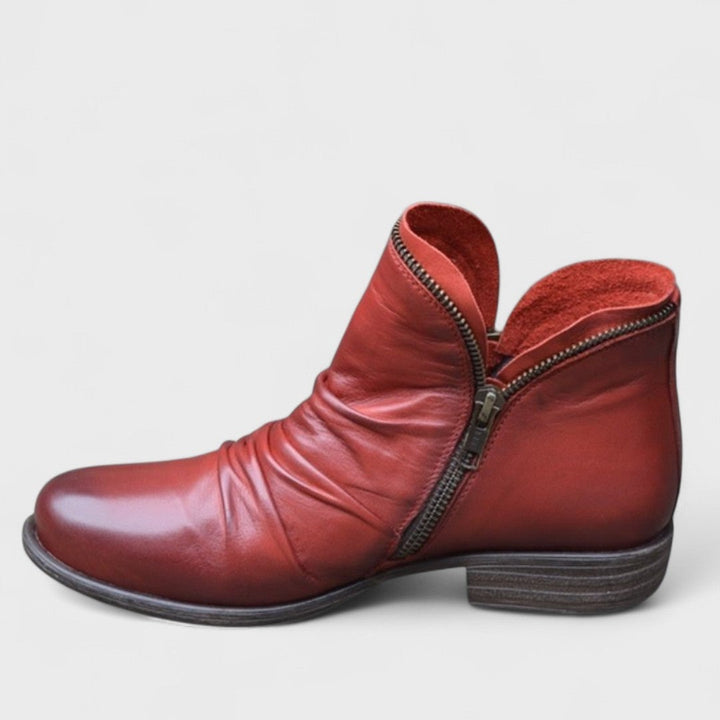 Front view of women's orthopedic boot highlighting the refined cut and durable construction