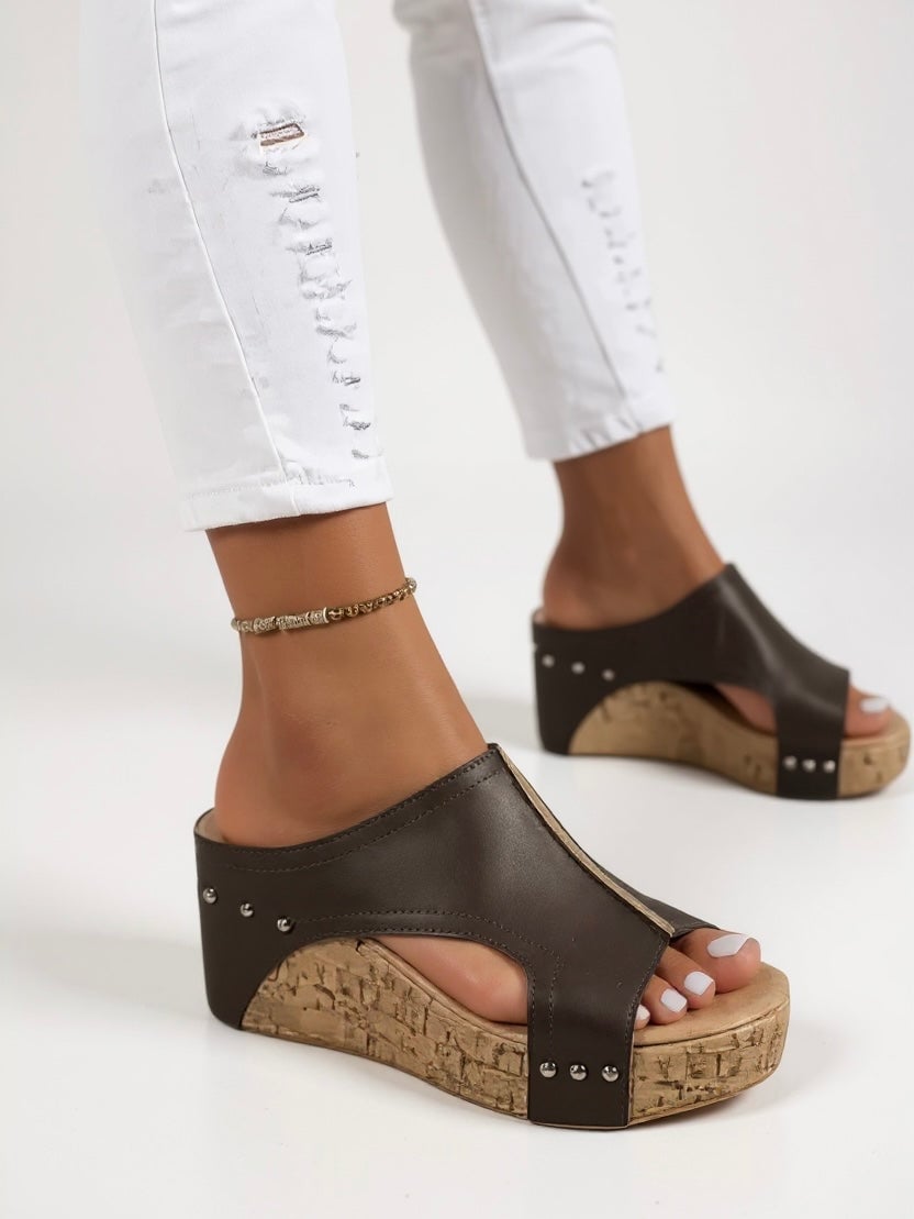 Magnolia wedge sandals in beige styled with a summer dress, full-length lifestyle shot