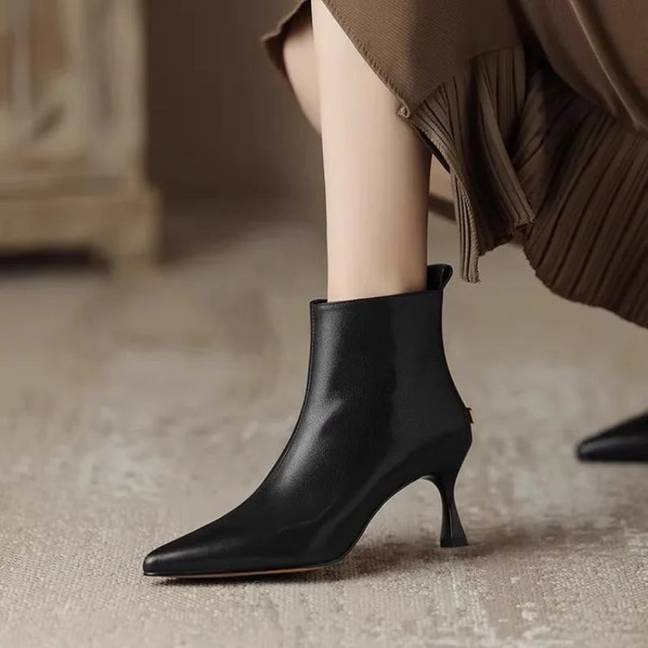 Maja luxe kitten boots in black with pointed toe and slender kitten heel, front view