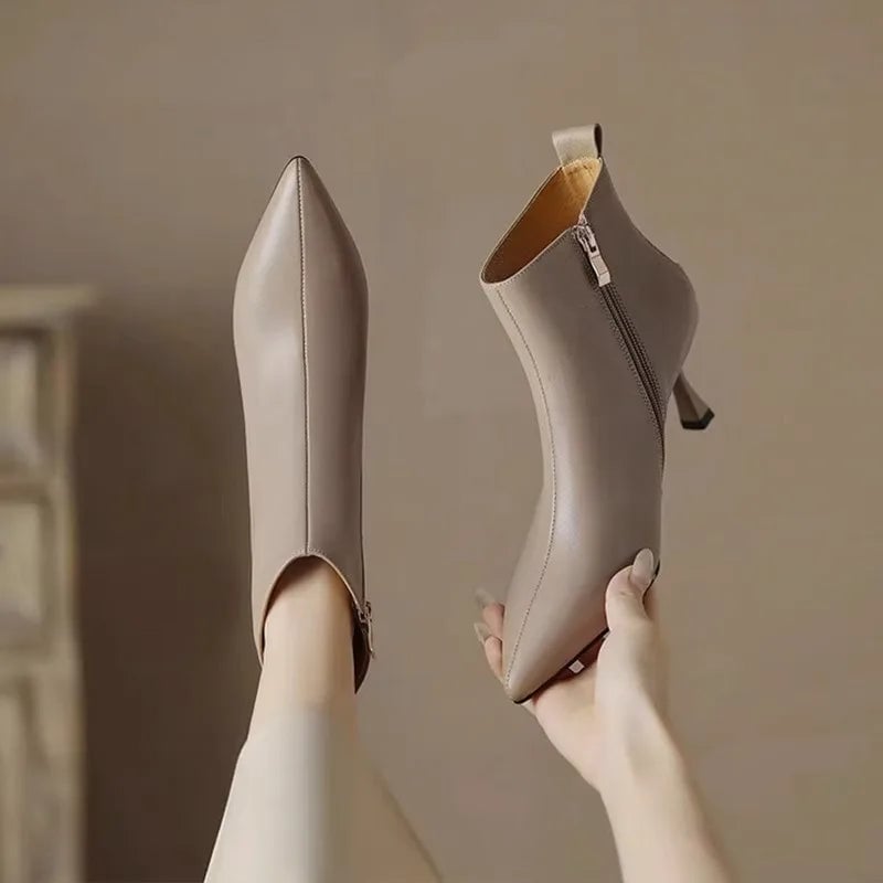 Maja kitten boots in khaki shown from a three-quarter angle highlighting the elegant silhouette