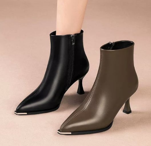 All three colorways of the Maja kitten boots — black, khaki, and brown — displayed together
