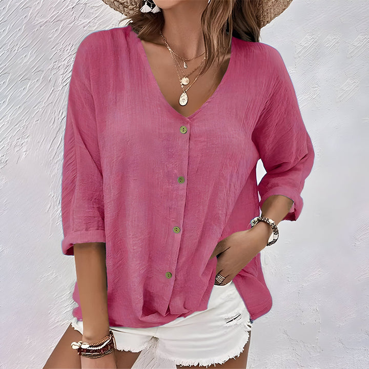Florimay relaxed button-up blouse in multiple color options including pink, blue, and khaki