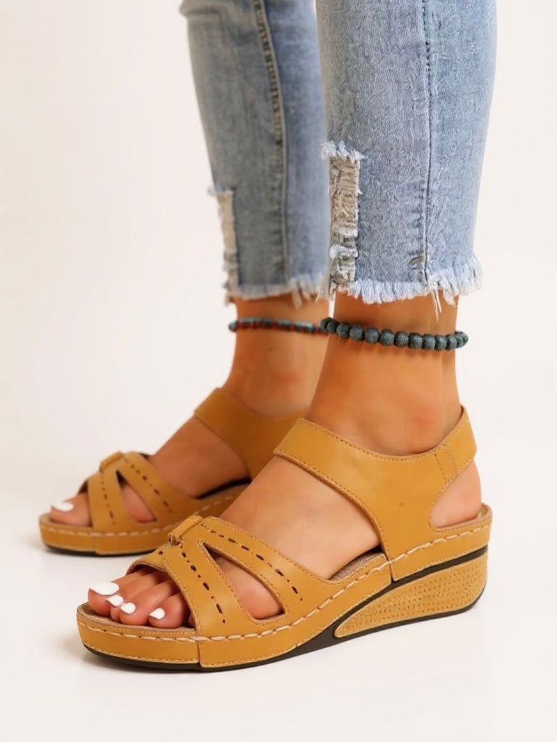 Maren adjustable wedge sandals in red showing cushioned footbed detail