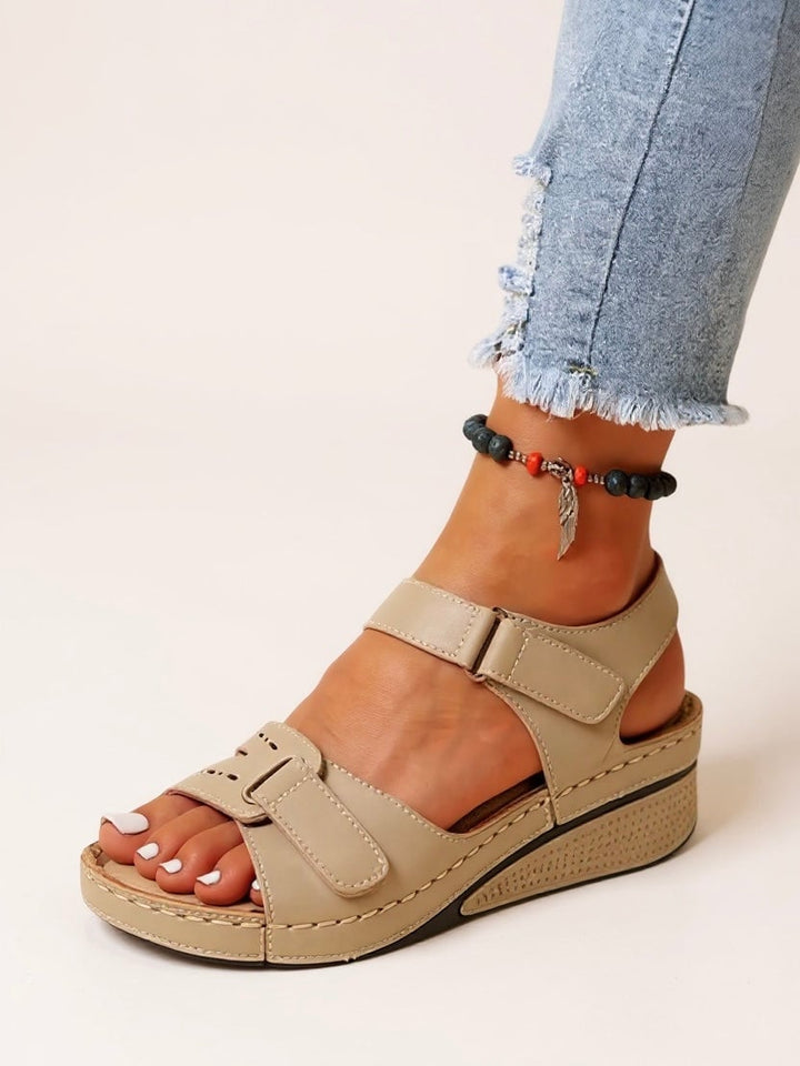 Maren wedge sandals in yellow with adjustable strap detail close-up
