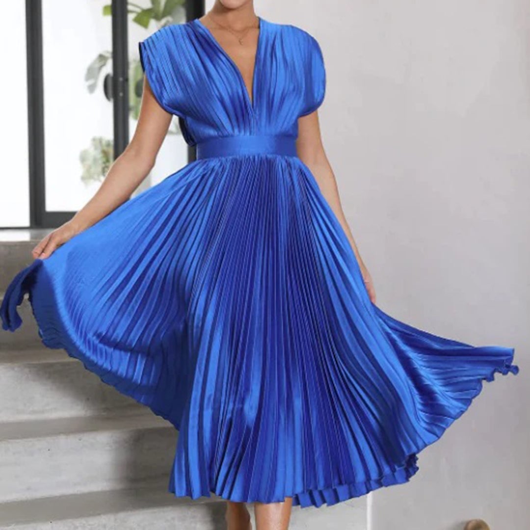 Model wearing the Maren dress in Plum, front view
