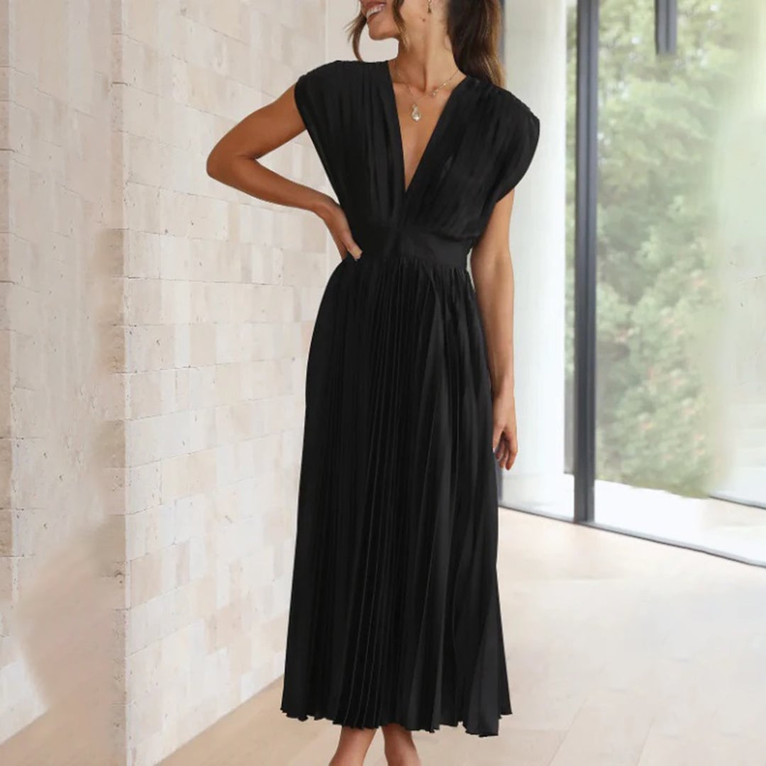 Side view of the Maren dress in Silver showing the flattering fit
