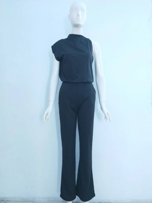 Flat lay of the Maren one-shoulder wide-leg jumpsuit showing the full silhouette and drape detail