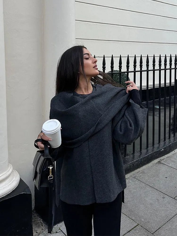 Margaret cape mantel in White colorway, styled for a polished daytime outfit