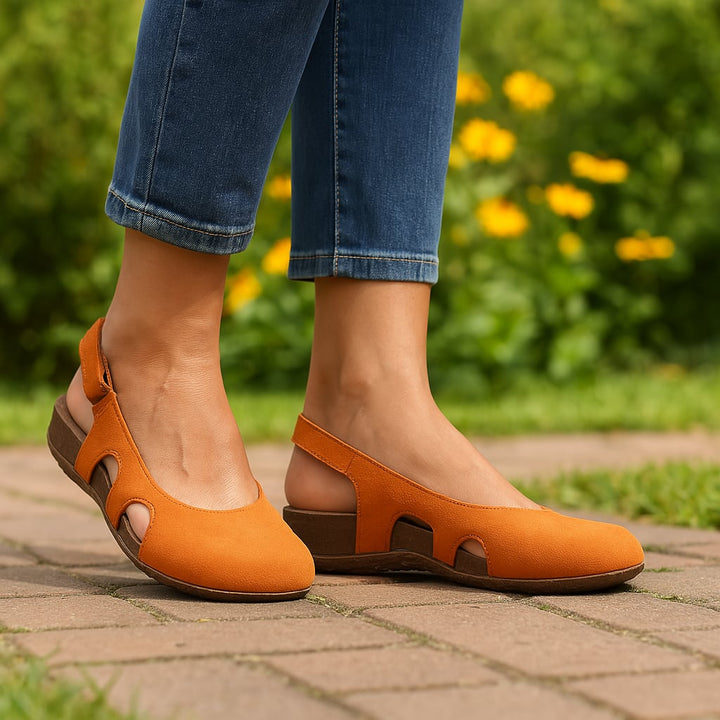 Margaret support sandals in beige shown from a side profile angle
