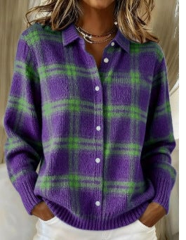 Woman wearing the Margot soft blouse in a purple and green colorway, featuring a lightweight flattering drape and clean minimalist design
