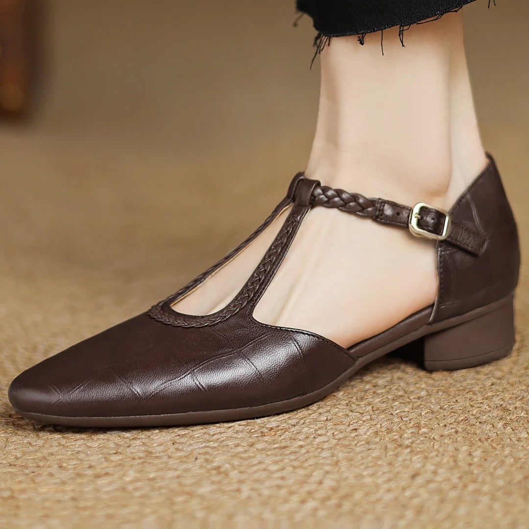 Margot pointed-toe mary jane flats in brown, top-down view showing full silhouette