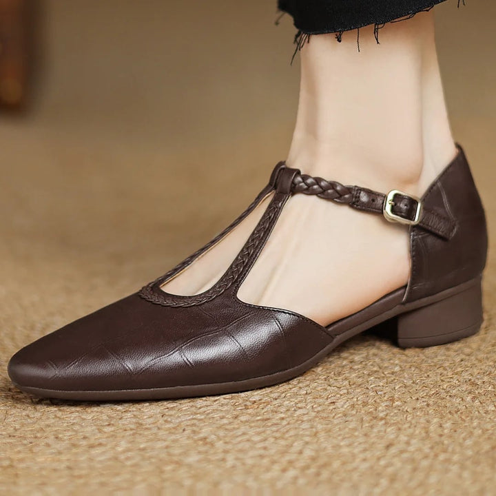 Margot pointed-toe mary jane flats in brown, top-down view showing full silhouette