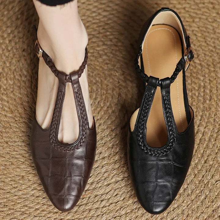 Margot T-strap mary jane flats in brown, back view showing heel and strap closure