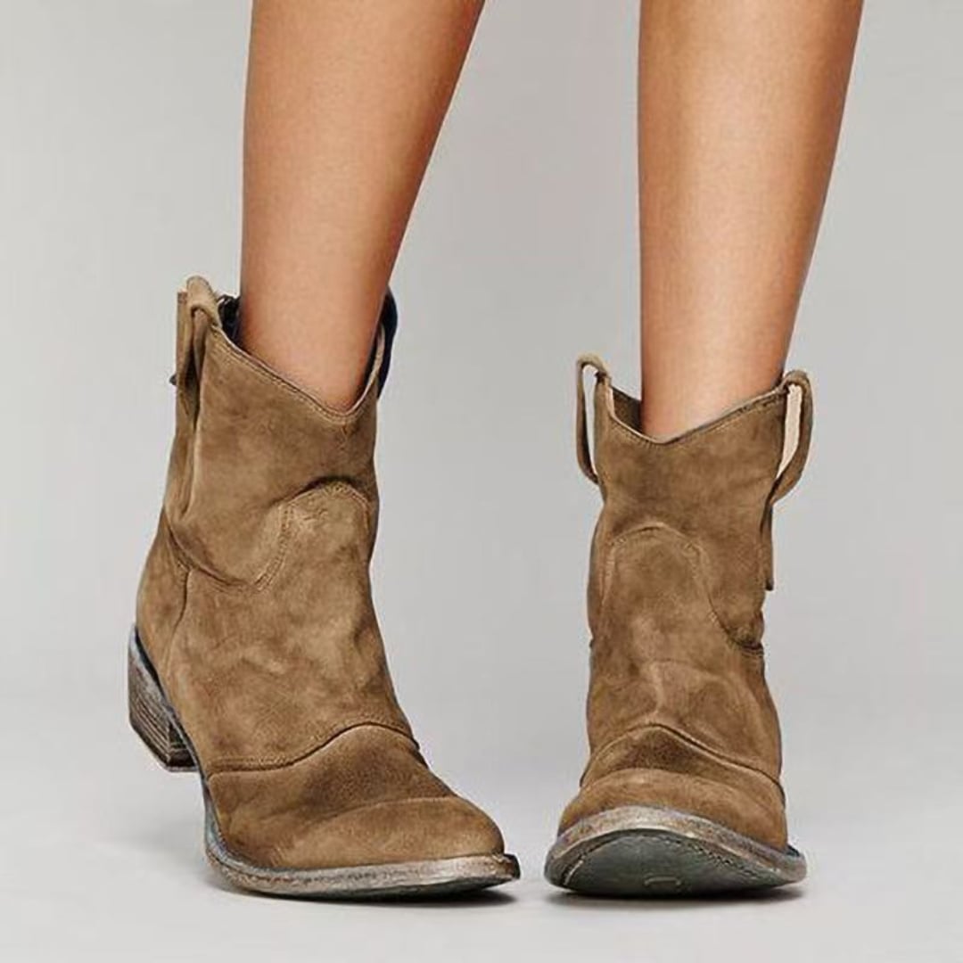 Close-up of soft suede texture on women's ankle boots showing refined finish