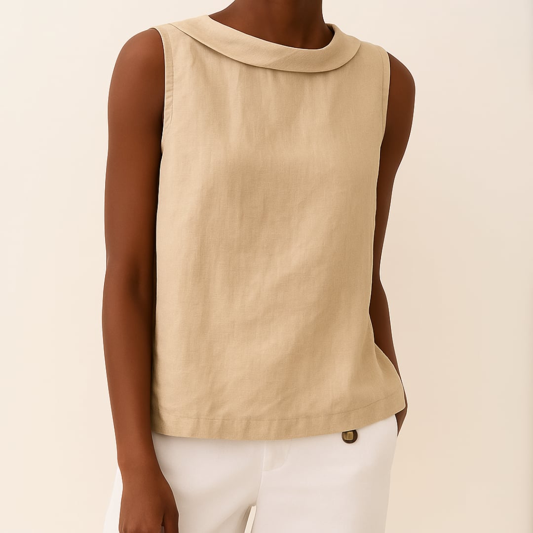 Close-up detail of the roll collar neckline on a sleeveless women's top